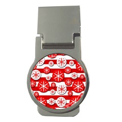 Snowflake Red And White Pattern Money Clips (round)  by Valentinaart