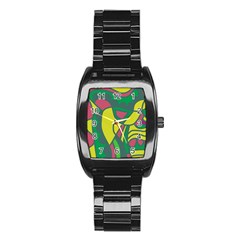 Green Abstract Decor Stainless Steel Barrel Watch by Valentinaart