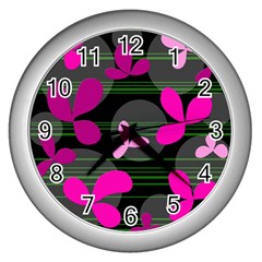 Magenta Floral Design Wall Clocks (silver)  by Valentinaart