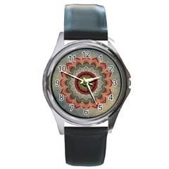 Folk Art Lotus Mandala Dirty Blue Red Round Metal Watch