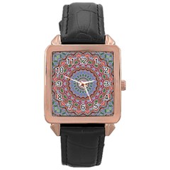 Abstract Painting Mandala Salmon Blue Green Rose Gold Leather Watch  by EDDArt