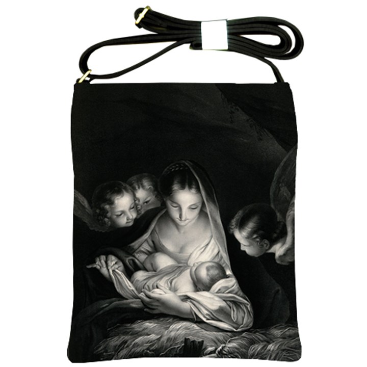 Nativity Scene Birth Of Jesus With Virgin Mary And Angels Black And White Litograph Shoulder Sling Bags