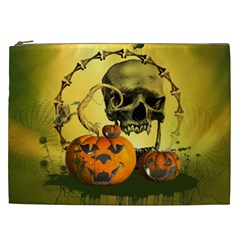 Halloween, Funny Pumpkins And Skull With Spider Cosmetic Bag (xxl) 