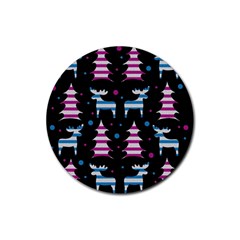 Blue And Pink Reindeer Pattern Rubber Coaster (round)  by Valentinaart