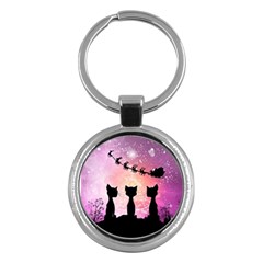 Cats Looking In The Sky At Santa Claus At Night Key Chains (round)  by FantasyWorld7