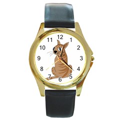 Brown Cat Round Gold Metal Watch by Valentinaart