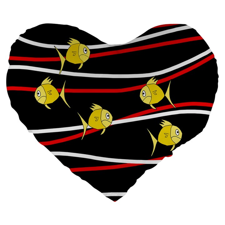 Five yellow fish Large 19  Premium Flano Heart Shape Cushions