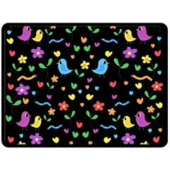 Cute Birds And Flowers Pattern - Black Double Sided Fleece Blanket (large)  by Valentinaart