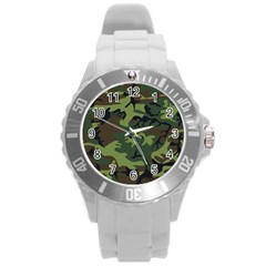 Camouflage Green Brown Black Round Plastic Sport Watch (l) by Nexatart