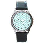 Chevrons Zigzags Pattern Blue Round Metal Watch