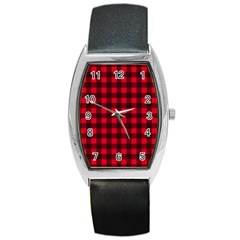 Red And Black Plaid Pattern Barrel Style Metal Watch by Valentinaart