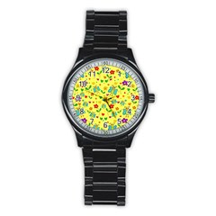 Cute Butterflies And Flowers - Yellow Stainless Steel Round Watch by Valentinaart