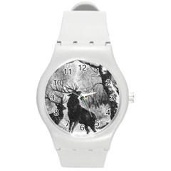 Stag Deer Forest Winter Christmas Round Plastic Sport Watch (m) by Amaryn4rt