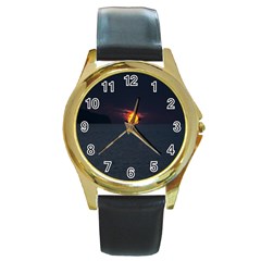 Sunset Ocean Azores Portugal Sol Round Gold Metal Watch by Nexatart