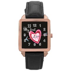 You Are My Beat / Pink And Teal Hearts Pattern (black)  Rose Gold Leather Watch  by FashionFling