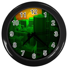 Green Building City Night Wall Clocks (black) by Nexatart