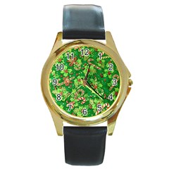 Green Holly Round Gold Metal Watch by Nexatart