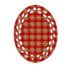 Snowflakes Square Red Background Oval Filigree Ornament (two Sides)