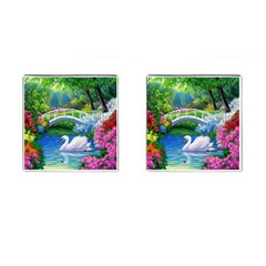 Swan Bird Spring Flowers Trees Lake Pond Landscape Original Aceo Painting Art Cufflinks (square) by Amaryn4rt