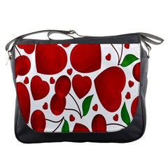 Cherry Fruit Red Love Heart Valentine Green Messenger Bags by Alisyart