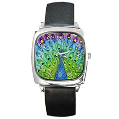 Peacock Bird Animation Square Metal Watch by Simbadda