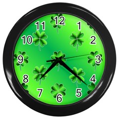 Shamrock Green Pattern Design Wall Clocks (black) by Simbadda