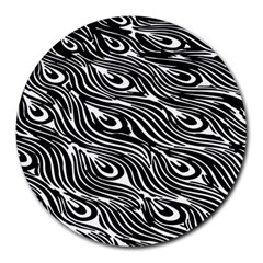 Digitally Created Peacock Feather Pattern In Black And White Round Mousepads by Simbadda