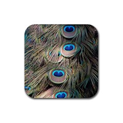 Colorful Peacock Feathers Background Rubber Coaster (square)  by Simbadda