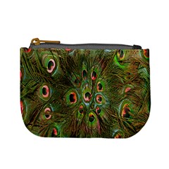 Peacock Feathers Green Background Mini Coin Purses by Simbadda