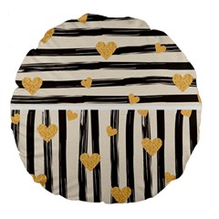 Black Lines And Golden Hearts Pattern Large 18  Premium Flano Round Cushions by TastefulDesigns