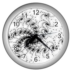 Fractal Black Spiral On White Wall Clocks (silver)  by Amaryn4rt