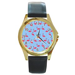 Flamingo Pattern Round Gold Metal Watch by Valentinaart