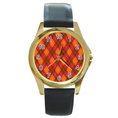 Argyle Pattern Background Wallpaper In Brown Orange And Red Round Gold Metal Watch by Simbadda