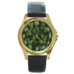Camouflage Green Army Texture Round Gold Metal Watch