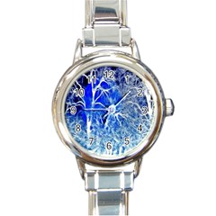 Winter Blue Moon Fractal Forest Background Round Italian Charm Watch by Simbadda