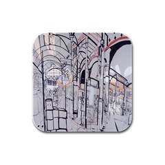 Cityscapes England London Europe United Kingdom Artwork Drawings Traditional Art Rubber Square Coaster (4 Pack)  by Simbadda