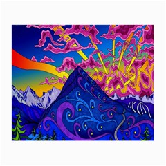 Psychedelic Colorful Lines Nature Mountain Trees Snowy Peak Moon Sun Rays Hill Road Artwork Stars Small Glasses Cloth by Simbadda