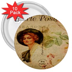 Lady On Vintage Postcard Vintage Floral French Postcard With Face Of Glamorous Woman Illustration 3  Buttons (10 Pack)  by Simbadda