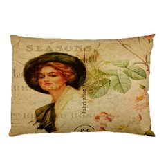 Lady On Vintage Postcard Vintage Floral French Postcard With Face Of Glamorous Woman Illustration Pillow Case by Simbadda