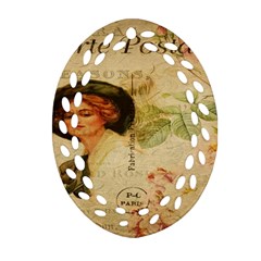Lady On Vintage Postcard Vintage Floral French Postcard With Face Of Glamorous Woman Illustration Oval Filigree Ornament (two Sides) by Simbadda