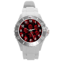 Sparkling Glitter Skulls Red Round Plastic Sport Watch (l) by ImpressiveMoments