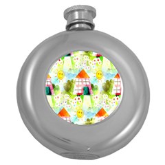 Summer House And Garden A Completely Seamless Tile Able Background Round Hip Flask (5 Oz)