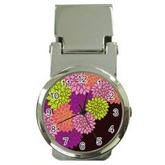 Floral Card Template Bright Colorful Dahlia Flowers Pattern Background Money Clip Watches by Nexatart