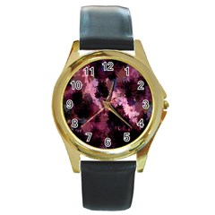 Grunge Purple Abstract Texture Round Gold Metal Watch