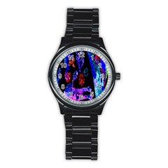 Grunge Abstract In Black Grunge Effect Layered Images Of Texture And Pattern In Pink Black Blue Red Stainless Steel Round Watch