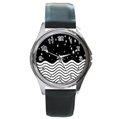 Black And White Waves And Stars Abstract Backdrop Clipart Round Metal Watch by Nexatart