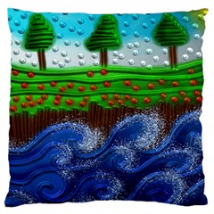 Beaded Landscape Textured Abstract Landscape With Sea Waves In The Foreground And Trees In The Background Large Cushion Case (two Sides)