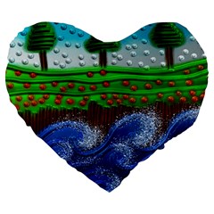 Beaded Landscape Textured Abstract Landscape With Sea Waves In The Foreground And Trees In The Background Large 19  Premium Heart Shape Cushions