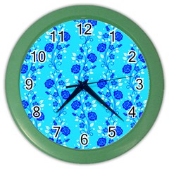 Vertical Floral Rose Flower Blue Color Wall Clocks by Mariart