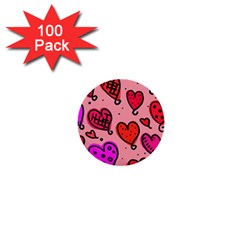 Valentine Wallpaper Whimsical Cartoon Pink Love Heart Wallpaper Design 1  Mini Buttons (100 Pack)  by Nexatart